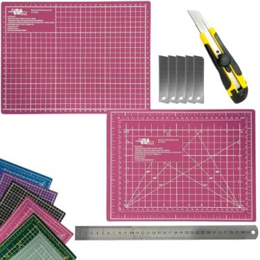 Imagem de Kit Base de Corte Dupla Face Multiuso Auto Regenerativa A4 30cm x 22cm Regua Metal 30cm Estilete Profissional Laminas Reservas (Rosa)