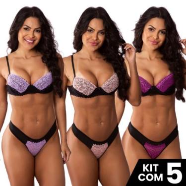 Imagem de Kit 5 Conjuntos Sutiã Calcinha Renda  com Bojo Confortável Colorido El