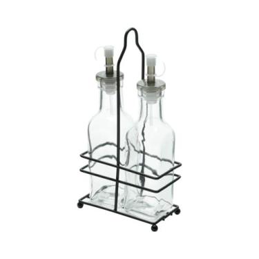 Imagem de Kit Conjunto 2 Galheteiro Azeite Vinagre Suporte Metal Preto - Lyor