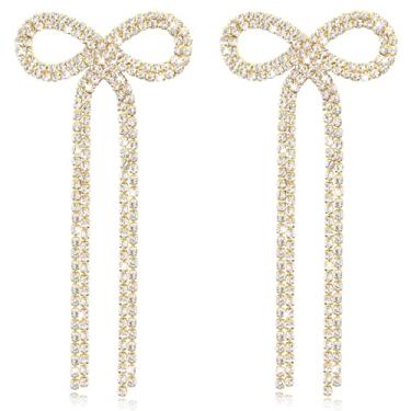 Imagem de Nanafast Brincos de laço de strass, brincos longos pendurados com pingente de borla para mulheres, meninas, casamentos, noivas, festas, bailes, presentes para aniversário, dia das mães, Natal, Zinco,