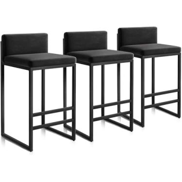 Imagem de Conjunto de 3 bancos de bar de café da manhã, banquetas de veludo para cozinha, cadeiras de bar modernas com encosto e estrutura de metal preto, carga 150 kg/300 libras, preto, 65 cm