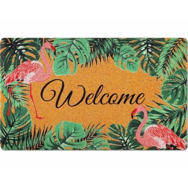 Imagem de SmoothNovelty Tapete de boas-vindas flamingo 76 x 45 cm antiderrapante verão folha de palmeira tropical coco porta frontal tapete de boas-vindas decoração para ambientes internos e externos