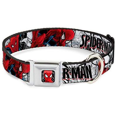 Imagem de Buckle-Down Coleira de cachorro fivela de cinto de segurança homem aranha poses de ação cenas cômicas branco preto vermelho, multicolorido, 3,8 cm de largura - serve para pescoço de 40,6-58 cm - Médio