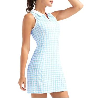 Imagem de FKEEP Vestido esportivo esportivo feminino de golfe com gola em V com shorts e bolso para treino atlético, Xadrez azul 12, GG