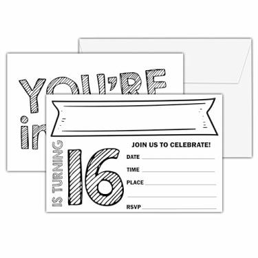 Imagem de seclate Convites de aniversário de 16 anos, 25 cartões de convite frente e verso com 25 envelopes, suprimentos de decoração de festa de aniversário preto e branco - E04