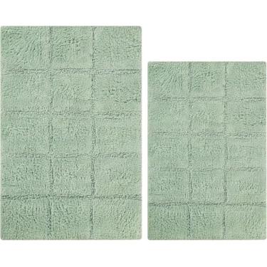 Imagem de Superior Conjunto de tapete de banho xadrez de algodão antiderrapante com base em látex spray, 51 x 76 cm, 61 x 91 cm, 2 peças, sálvia