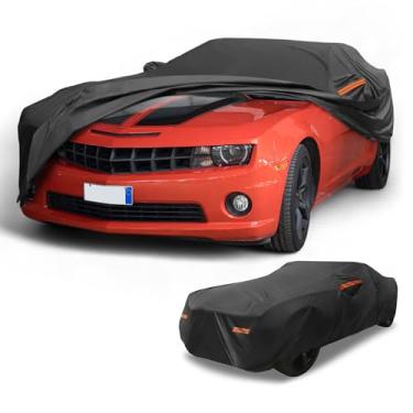 Imagem de Partuto Capa de carro à prova d'água para todos os climas, automotiva, externa, anti-UV, proteção contra chuva e sol, capa externa completa para Chevrolet Camaro preta com tiras refletoras
