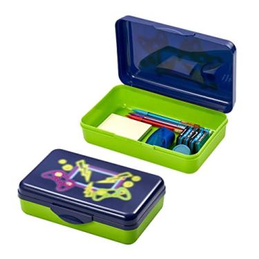 Imagem de It's Academic Kit de caixa de lápis, inclui régua e apontador, plástico durável, para materiais escolares e de escritório, design azul para jogos