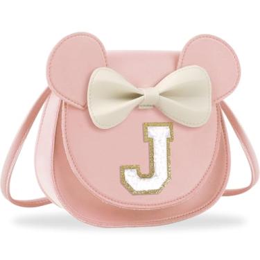 Imagem de Presentes de aniversário para meninas de 2, 3, 4, 5, 6, 7, 8, 9 e 10 anos de idade, bolsa infantil infantil para meninas pequenas com laço de orelha de rato personalizado, Pequeno-rosa-branco, J, J