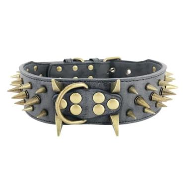 Imagem de Coleiras antimordidas para cães com rebite de 5 cm de largura, coleira de couro PU, colar Pitbull, coleira de cachorro grande para pastor alemão mastim rottweiler (preto, G (66 x 5 cm))