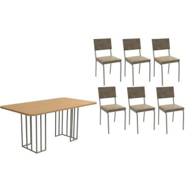 Imagem de Sala De Jantar Duina Com Tampo De Madeira 160cm E 6 Cadeiras Zaria Niquel Freijó Suede Bege