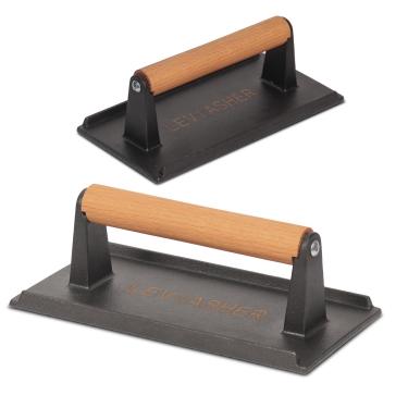 Imagem de LEVIASHER 2 peças de prensa de grelha de ferro fundido e prensa de grelha para bife, carne, paninis, sanduíches, bacon e legumes, prensa de hambúrguer retangular com cabo de madeira (conjunto de 2)