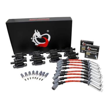 Imagem de DRAGON FIRE PERFORMANCE Power Pack Bobinas quadradas IRIDIUM velas de ignição 8,5 mm fios de plugue trançado vermelho substituição compatível com Chevy 5.3L 6.0L 6.2L 7.0L V8 LS substitui 19206447