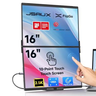 Imagem de JSAUX Monitor portátil duplo FlipGo Touchscreen de 16 polegadas 2,5 K, extensor de tela IPS para laptop triplo | Tela HiDPI | Um cabo para tela dupla | HUB integrado | Design magnético para Windows