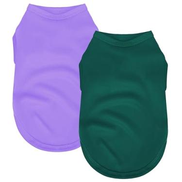 Imagem de Pacote com 2 camisetas para cães de cor sólida – leves, de secagem rápida, respiráveis para cães pequenos a grandes – elásticas, duráveis, ideais para todas as estações e feriados. Verde roxo P