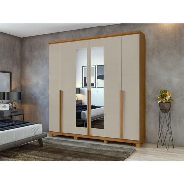 Imagem de Guarda Roupa Casal Ambiente Alonzo 6 Portas Amêndoa Clean Off White com Espelho e Pés - Lopas