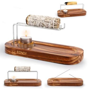 Imagem de Palo Santo e suporte de sálvia feito à mão, 4 em 1 varas de incenso e suporte de vela para queimar sálvia, suporte de queimador de madeira natural, presente ideal para meditação espiritual
