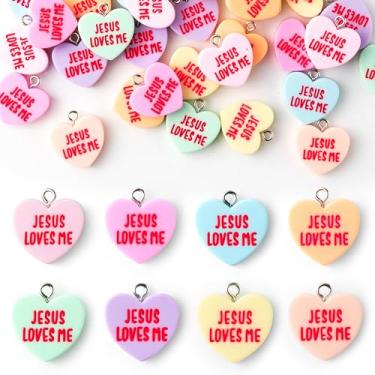 Imagem de Pingentes religiosos – 50 peças Jesus Loves Me Resina Esmalte Joias Pingentes Cristãos Mini Amuletos em Forma de Coração para Fazer Joias de Páscoa, Brinco, Colar, Pulseira, Acessórios de Artesanato