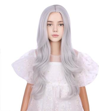 Imagem de DUDUWIG Peruca infantil cinza prata longa parte média cinza ondulada para crianças, cabelo sintético resistente ao calor com touca