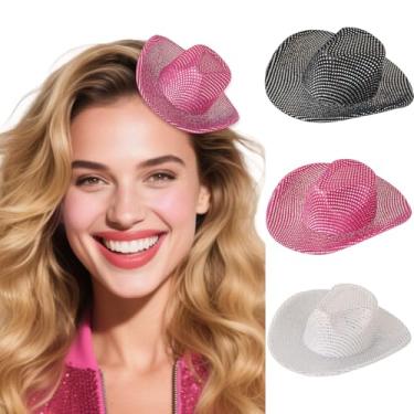 Imagem de Bohend Mini chapéus de cowboy faroeste com glitter, clipes de cabelo, decoração de festa de discoteca, acessórios de fantasia de cosplay, 3 peças, Ponto rosa, tamanho �nico