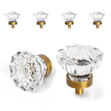 Imagem de Puxadores de armário vintage maçanetas de cristal pacote com 4, pequeno puxador de cristal transparente de latão antigo para armário gavetas de cômoda de armário, puxadores retrô de liga sólida com