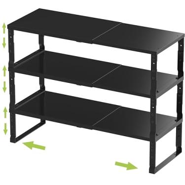 Imagem de Jojocross Organizador expansível empilhável para armário de cozinha, prateleira de balcão ajustável, bancada, despensa, armário, banheiro, quarto (3 pacotes/preto/médio)