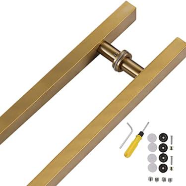 Imagem de Maçaneta de porta de correr tipo celeiro, alça quadrada tipo impulso e puxador, cor dourada, maçaneta moderna para porta de correr de chuveiro, porta de celeiro, porta de garagem ou porta de vidro