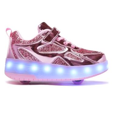Imagem de Yogeeft Tênis infantil com rodas duplas – Tênis infantil atualizado para presentes, tênis de skate com rodas retráteis para crianças, recarregável, para presente de festa de aniversário, Wi-rosa, 17