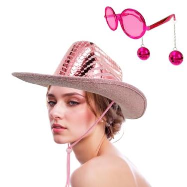 Imagem de JIANGLAI Chapéu de cowboy com óculos de sol Disco Western com bola de discoteca, chapéu de vaqueira espelhado de lantejoulas grandes para mulheres e homens, fantasia, cosplay, festa (rosa)