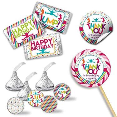 Imagem de Kit de adesivos de festa de aniversário Jump Bounce & Play 429 peças!!! Inclui 60 adesivos de 2 círculos para lembrancinhas e sacolas de brindes, 45 mini embalagens de barra de doces e 324 adesivos