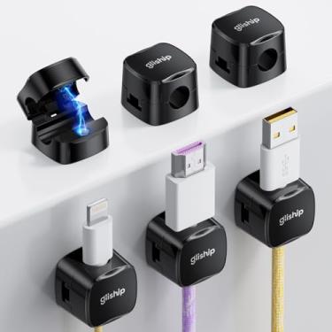 Imagem de gliship Pacote com 6 clipes magnéticos para cabos – Suporte de cabo de celular ajustável para mesa de cabeceira, suporte de cabo mini cubo [1 cadeado], organizador de cabo de carregamento para
