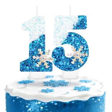 Imagem de Velas de aniversário com tema de floco de neve, vela de aniversário de 15 anos para decorações de aniversário de inverno, decoração de topo de bolo número 15, velas de bolo para meninos e meninas