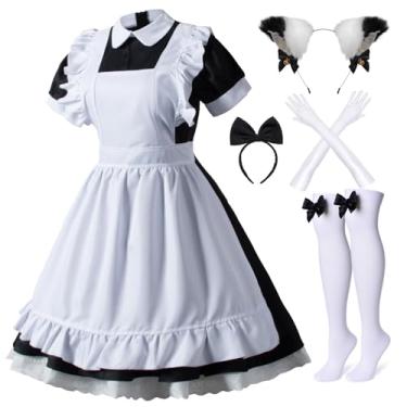 Imagem de Wannsee Adulto Unissex Anime Japonês 6 Peças Lolita Avental de Empregada Francesa Fantasia Vestido Cosplay Luvas Conjunto de Meias (Preto 3Xl)