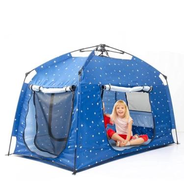 Imagem de Barraca de brinquedo portátil para crianças – Fácil de montar em ambientes internos e externos com bolsa de transporte para crianças – Design de faixa leve para uso noturno com tecido estrelado – Espaço para crianças e pais – Aniversário