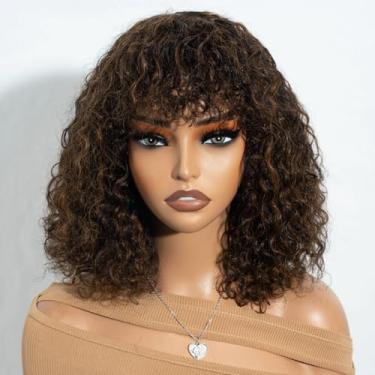 Imagem de JOEDIR HAIR Peruca Curta Cacheada Com Franja, Cabelo Humano Para Mulheres, 12" Preto, Castanho Misto, Ondulado, Bob, Sem Cola, Densidade 150% (P1B/30#)