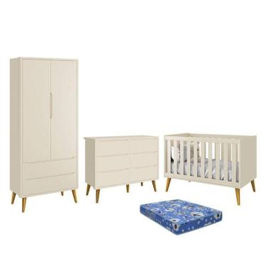Imagem de Dormitório Theo 2 Portas, Cômoda 6 Gavetas, Berço Areia Fosco Com Pés Amadeirado E Colchão - Reller Móveis Areia Fosco