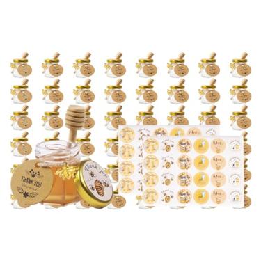 Imagem de Rormket Pacote Com 48 Mini Potes De Vidro Hexagonais 1,5 Oz Tampa Dourada, Pingentes Abelha, Palitos Mel, Cordão Juta Para Etiquetas, Etiquetas Agradecimento, Adesivos, Chá Bebê, Lembrancinhas Casam