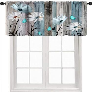 Imagem de Cortina floral para janela, cortina floral rústica vintage margarida borboleta madeira campo cortinas de janela azul para banheiro, quarto, sala de estar, cozinha, 1 peça, 137 x 45 cm