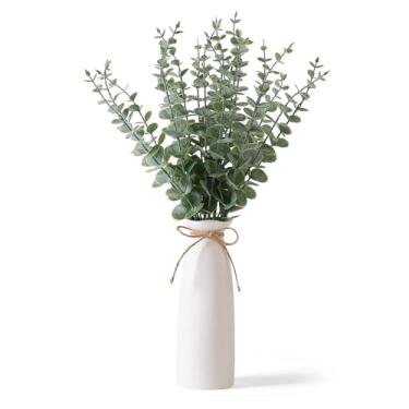 Imagem de Shanranplus Vaso de eucalipto artificial em vaso, decoração alta para mesa de entrada, vaso de cerâmica com vegetação, plantas decorativas de 48 cm para decoração de casamento