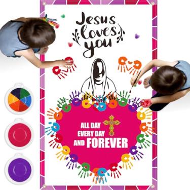 Imagem de Yeaqee Pôster de artesanato com impressão à mão Jesus Love You Valentine 129,5 cm x 81,3 cm com 3 peças de almofadas de tinta grandes decorações de dia dos namorados para escola dominical, quadro de