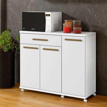 Imagem de Balcão 3 Portas e 1 Gaveta para Microondas com Rodízios Branco Parati Shop JM