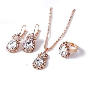 Imagem de Conjunto de joias de cristal em formato de gota, banhado a ouro 14 K, colar com pingente de gota de água com brilho ajustável, anel de pingente, pingente, pingente, strass, pingente, para mulheres, meninas, acessórios de festa de casamento, Metal, Sem pedra,