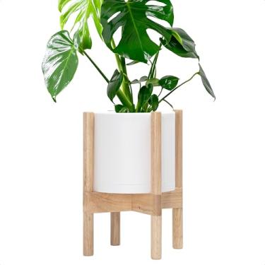 Imagem de D'vine Dev Vaso de vaso com suporte - Vaso de flores cilíndrico de plástico de 20 cm com suporte de madeira para interior, vaso branco fosco + suporte natural, 55-C-N-1