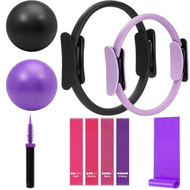 Imagem de WOCUME Conjunto de anéis de pilates fitness círculos, alças duplas acolchoadas conjunto de equipamentos de pilates para mulheres inclui 2 anéis de Pilates, 2 mini bolas de Pilates e 5 faixas de