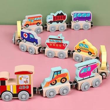 Imagem de Conjunto de Trem Magnético de Madeira Montessori - Brinquedo Educacional Infantil (Transportes)