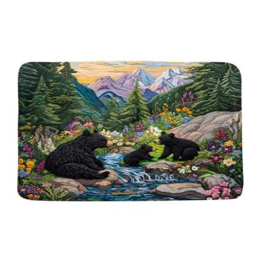 Imagem de Tapete de banho rústico para cabana de urso, campo, floresta, animal selvagem, urso preto, natureza, flor, montanha, lago, casa de fazenda, caça, acampamento, banheiro, cozinha, tapete absorvente