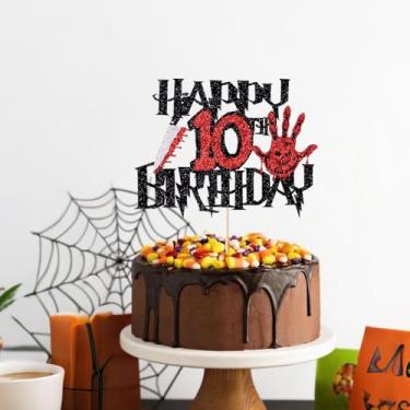 Imagem de Black Glitter Killer Happy 10th Birthday Cake Topper, Halloween Zombie Vampire Bloody Friday Birthday Decor, faca e máscara, glitter de um lado (Killer Happy Birthday, 10)