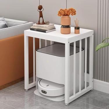 Imagem de Mesa De Cabeceira Com Suporte Para Aspirador De Robô, Móveis De Destaque Para Casa, Rack De Armazenamento De Varredora Inteligente, Mesa De Madeira E Estrutura De Aço, White