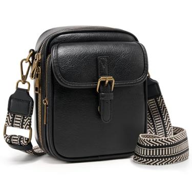 Imagem de Bolsa mensageiro pequena de couro vegano para mulheres e homens, bolsa de ombro transversal vintage com compartimentos para cartões, Alça larga - preta, Vintage