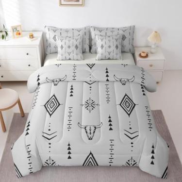 Imagem de Erosebridal Jogo de cama asteca ocidental de 7 peças, conjunto de edredom King Bull Skull com lençóis, boêmio, símbolo tribal, geométrico, para adultos, homens, meninos, boêmio, cinza, chifres, étnico